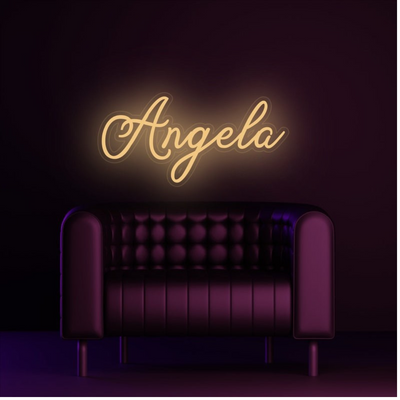 Angela Name Neon sign by Neon.Outshine  - in glowing cursive, mounted on clear acrylic and illuminating a chic, modern space with vibrant light.