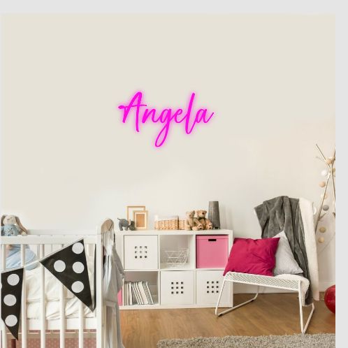 Angela Name Neon sign by Neon.Outshine  - in glowing cursive, mounted on clear acrylic and illuminating a chic, modern space with vibrant light.