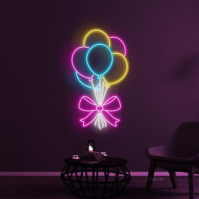 Balloons neon sign in bright LED colors, shaped like party balloons and mounted on clear acrylic – festive wall decor by Neon.Outshine.