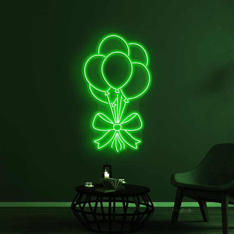 Balloons neon sign in bright LED colors, shaped like party balloons and mounted on clear acrylic – festive wall decor by Neon.Outshine.