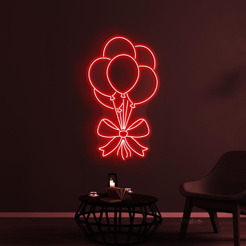 Balloons neon sign in bright LED colors, shaped like party balloons and mounted on clear acrylic – festive wall decor by Neon.Outshine.