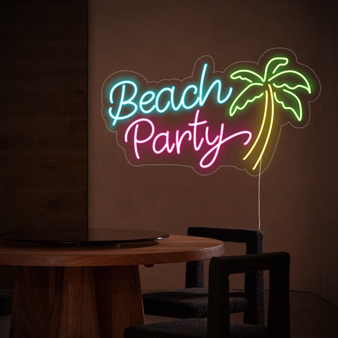 Beach Party neon sign glowing in tropical LED colors, mounted on clear acrylic – summer-themed wall decor by Neon.Outshine.