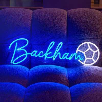 Beckham' name sign in vibrant purple LED lights on a clear acrylic backing – Neon.Outshine