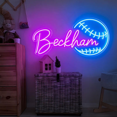 Beckham' name sign in vibrant purple LED lights on a clear acrylic backing – Neon.Outshine