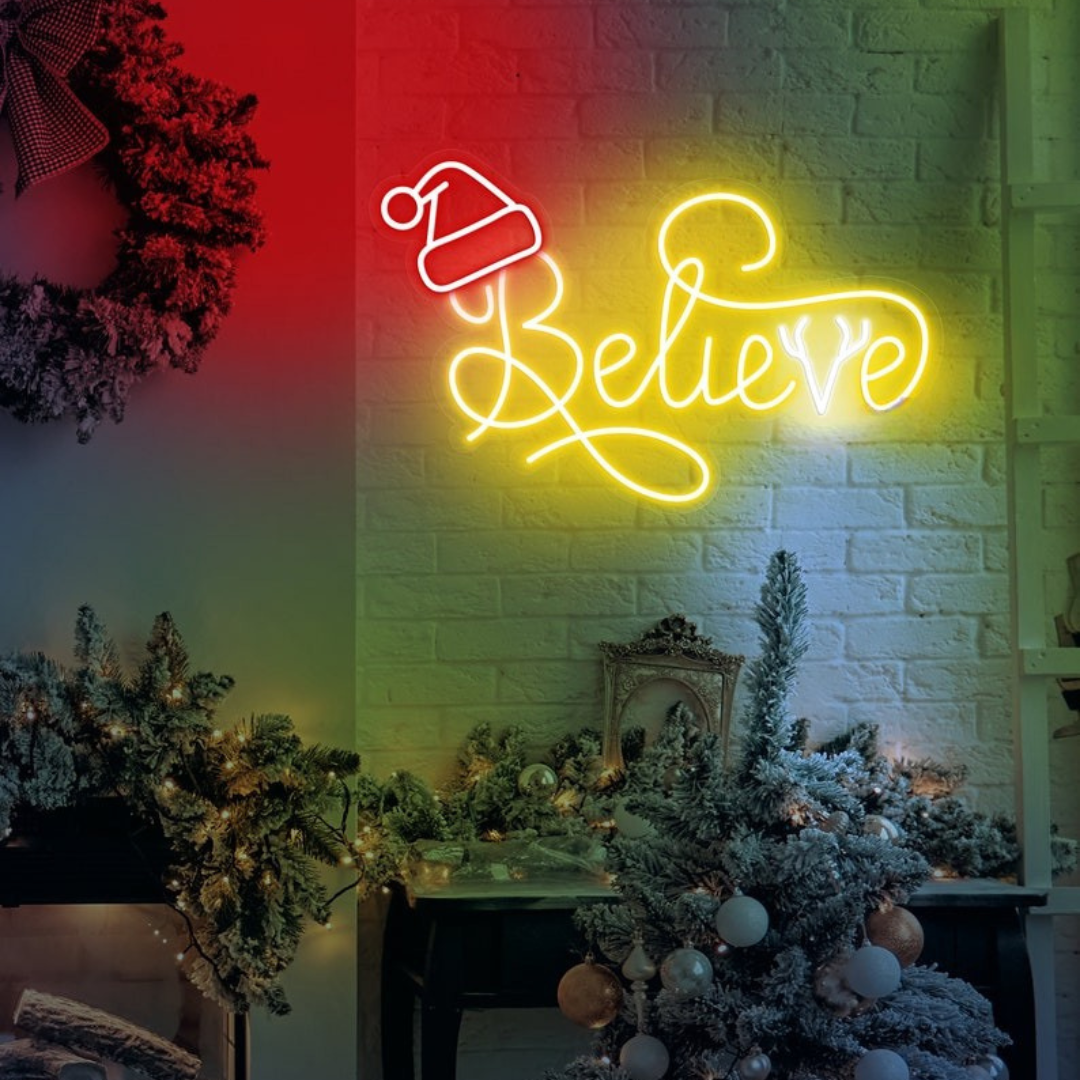 Believe Christmas Neon Sign by Neon.Outshine glowing warmly in festive LED light, inspiring hope and joy in holiday décor.”