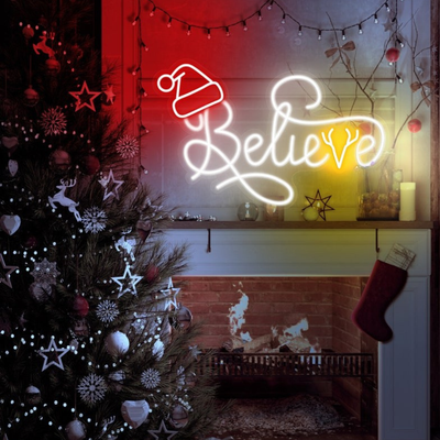 Believe Christmas Neon Sign by Neon.Outshine glowing warmly in festive LED light, inspiring hope and joy in holiday décor.”
