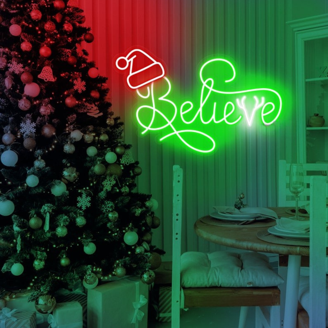 Believe Christmas Neon Sign by Neon.Outshine glowing warmly in festive LED light