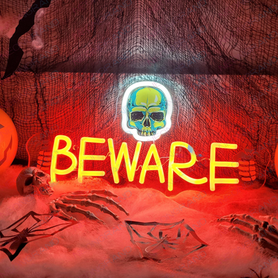 Beware Halloween Neon Sign by Neon.Outshine glowing LED spooky décor for haunted houses, Halloween parties, bars, and seasonal home displays.