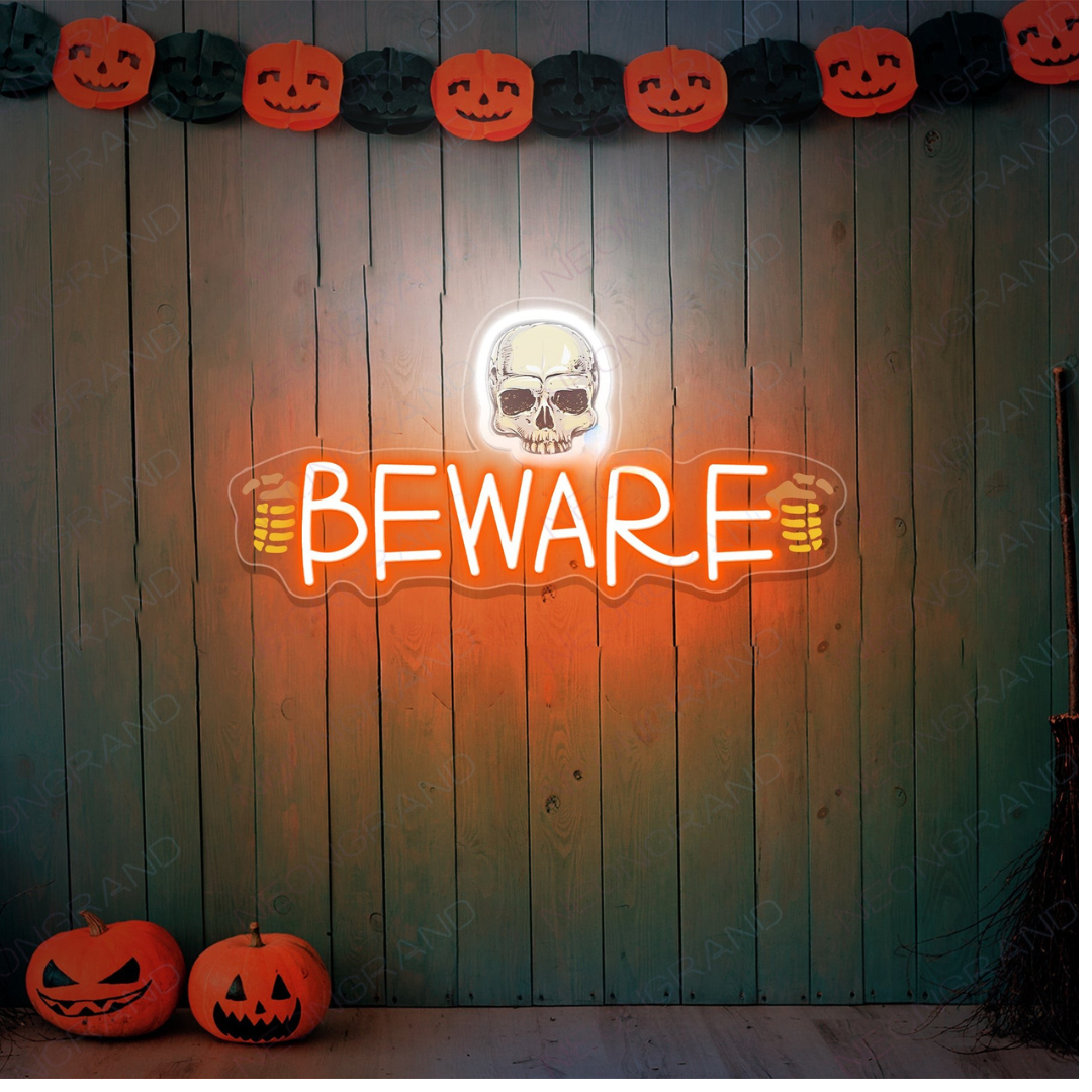 Beware Halloween Neon Sign by Neon.Outshine glowing LED spooky décor for haunted houses, Halloween parties, bars, and seasonal home displays.