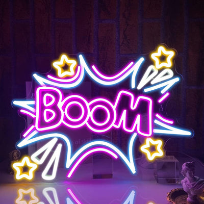 Boom Party Neon Sign by Neon.Outshine in comic-style neon lettering with bold red, yellow, and white glow.