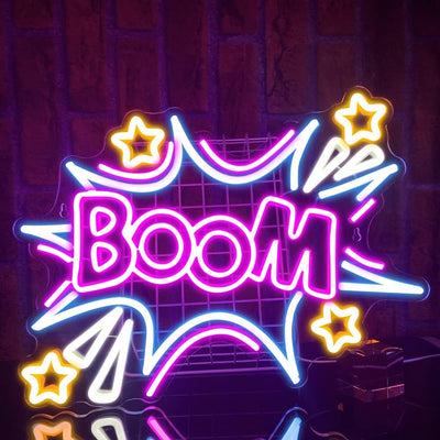 Boom Party Neon Sign by Neon.Outshine in comic-style neon lettering with bold red, yellow, and white glow.