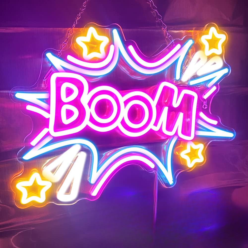 Boom Party Neon Sign by Neon.Outshine in comic-style neon lettering with bold red, yellow, and white glow.