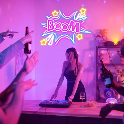 Boom Party Neon Sign by Neon.Outshine in comic-style neon lettering with bold red, yellow, and white glow.