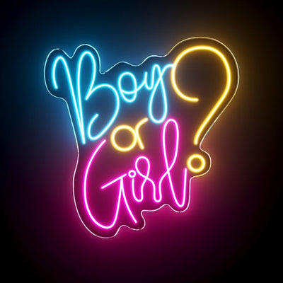 Boy or Girl? neon sign in blue and pink by Neon.Outshine, mounted on a clear acrylic backdrop with baby shower decorations