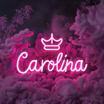 Caroline' neon sign by Neon.Outshine in warm white LED, mounted on clear acrylic  perfect for home decor or events.