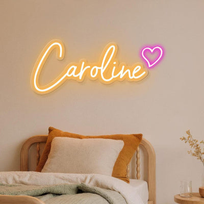 Caroline' neon sign by Neon.Outshine in warm white LED, mounted on clear acrylic  perfect for home decor or events.