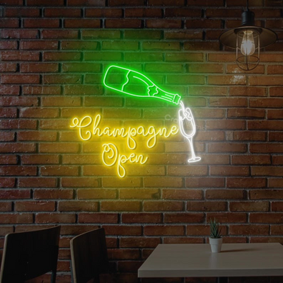 Champagne Open Neon sign in glowing LED, mounted on clear acrylic – party and bar decor by Neon.Outshine.