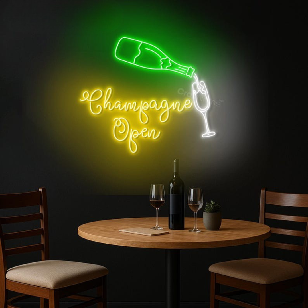 Champagne Open Neon sign in glowing LED, mounted on clear acrylic – party and bar decor by Neon.Outshine.
