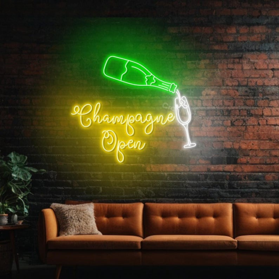 Champagne Open Neon sign in glowing LED, mounted on clear acrylic – party and bar decor by Neon.Outshine.