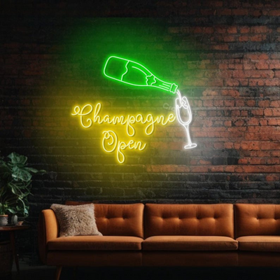 Champagne Open Neon sign in glowing LED, mounted on clear acrylic – party and bar decor by Neon.Outshine.