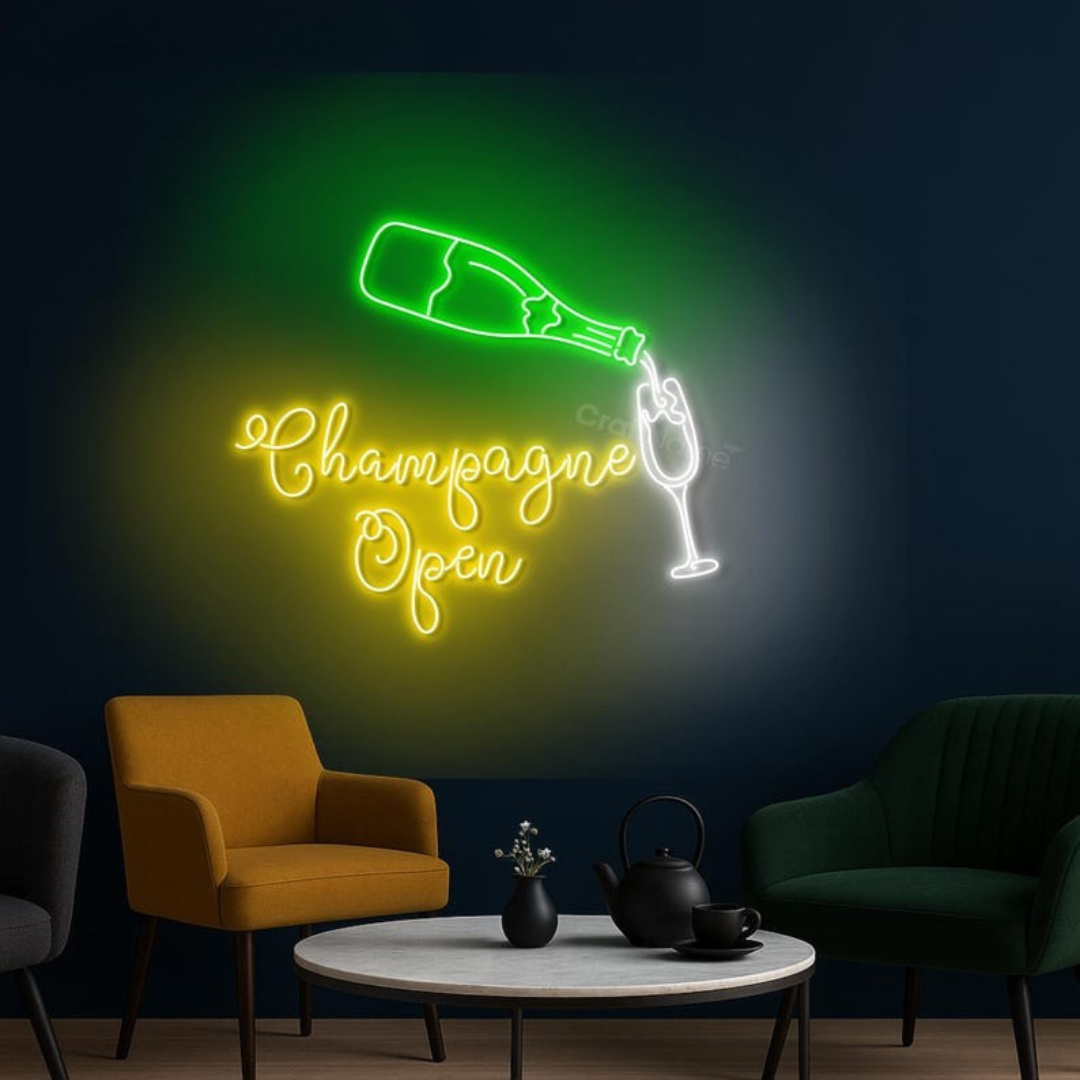 Champagne Open Neon sign in glowing LED, mounted on clear acrylic – party and bar decor by Neon.Outshine.