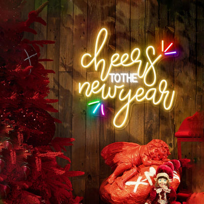 Cheers to the New Year Neon sign in glowing LED, mounted on clear acrylic – elegant NYE party decor by Neon.Outshine.