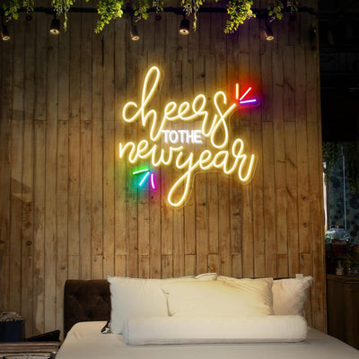Cheers to the New Year Neon sign in glowing LED, mounted on clear acrylic – elegant NYE party decor by Neon.Outshine.