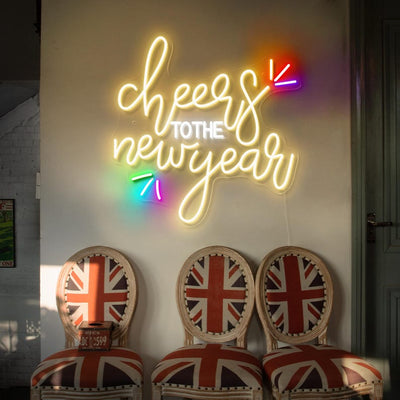 Cheers to the New Year Neon sign in glowing LED, mounted on clear acrylic – elegant NYE party decor by Neon.Outshine.