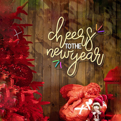 Cheers to the New Year Neon sign in glowing LED, mounted on clear acrylic – elegant NYE party decor by Neon.Outshine.