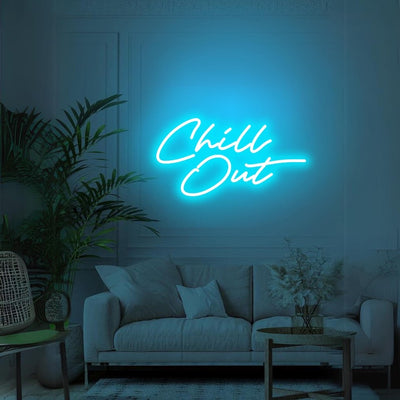 Chill Out  LED neon sign glowing in cool blue on a relaxed lounge wall -handcrafted by Neon.Outshine for parties and modern interiors.