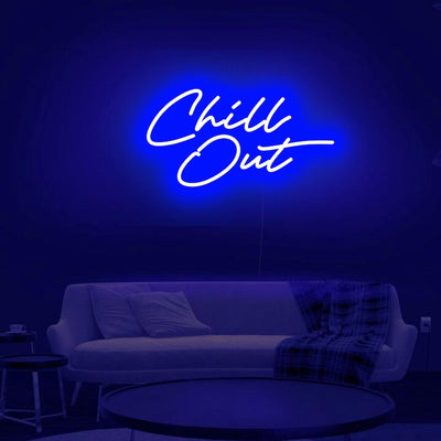 Chill Out  LED neon sign glowing in cool blue on a relaxed lounge wall -handcrafted by Neon.Outshine for parties and modern interiors.