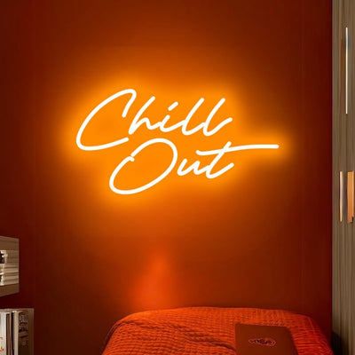 Chill Out  LED neon sign glowing in cool blue on a relaxed lounge wall -handcrafted by Neon.Outshine for parties and modern interiors.