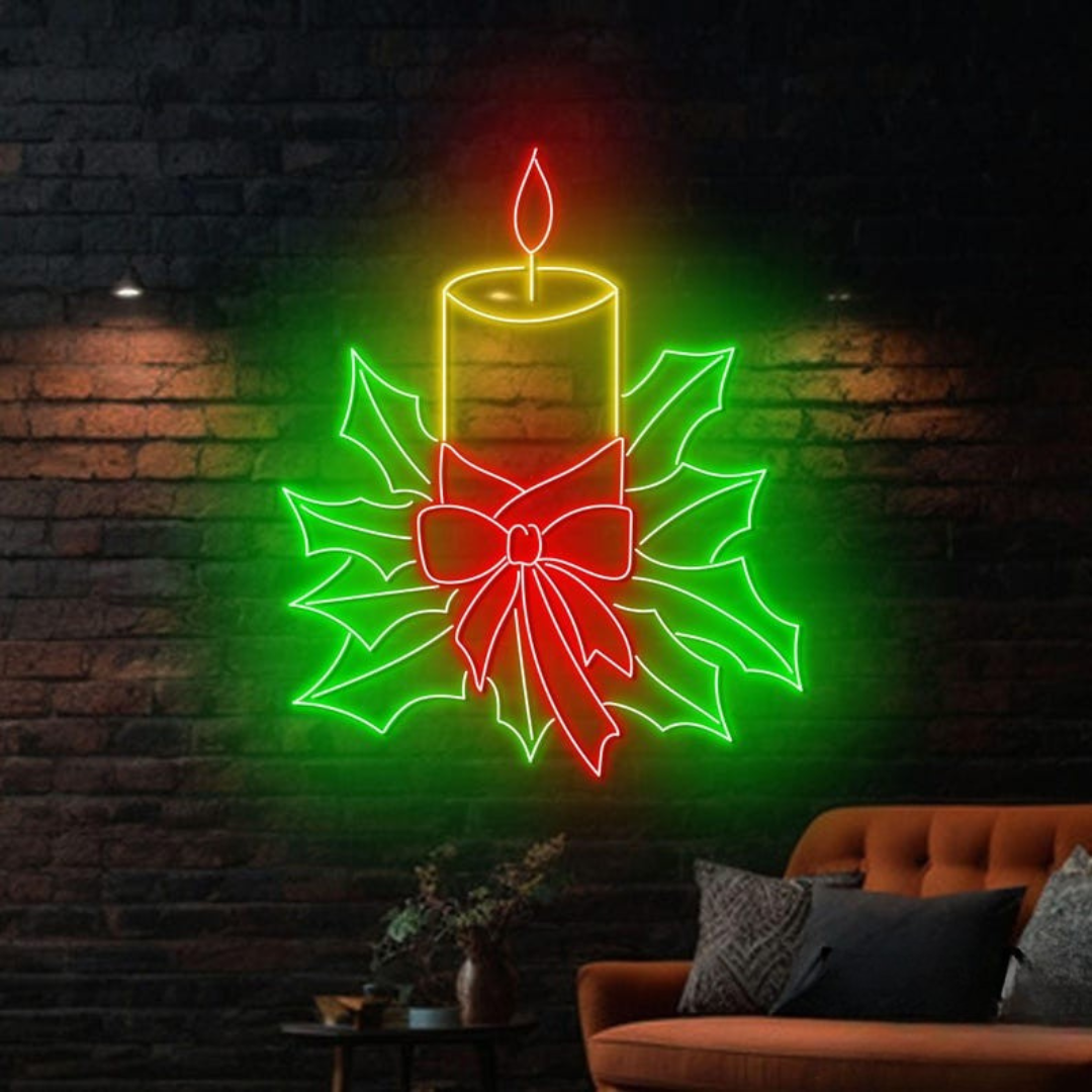 Christmas Candle Neon Sign by Neon.Outshine –  a glowing candle with flame and festive holly accents for Christmas décor.