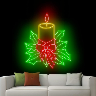 Christmas Candle Neon Sign by Neon.Outshine –  a glowing candle with flame and festive holly accents for Christmas décor.