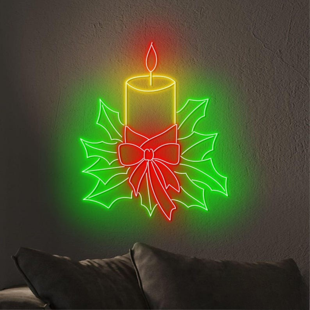 Christmas Candle Neon Sign by Neon.Outshine –  a glowing candle with flame and festive holly accents for Christmas décor.
