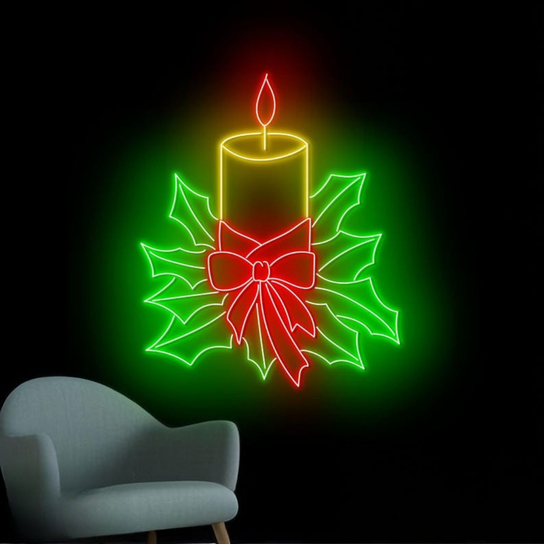 Christmas Candle Neon Sign by Neon.Outshine –  a glowing candle with flame and festive holly accents for Christmas décor.