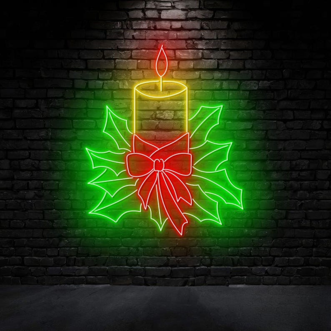 Christmas Candle Neon Sign by Neon.Outshine –  a glowing candle with flame and festive holly accents for Christmas décor.
