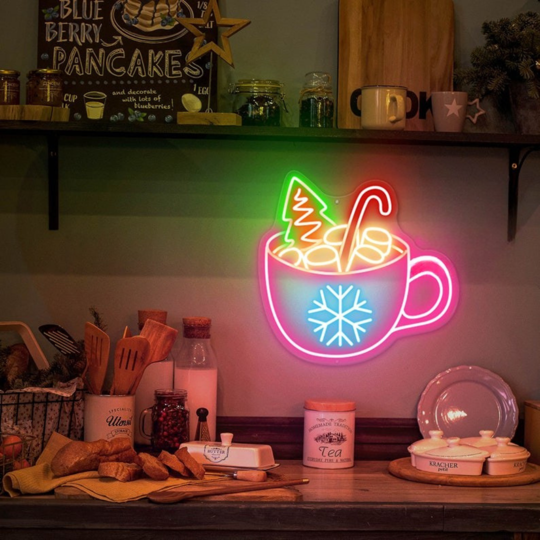 Christmas Coffee Mug Neon Sign by Neon.Outshine glowing in festive colors, adding warmth to seasonal décor.