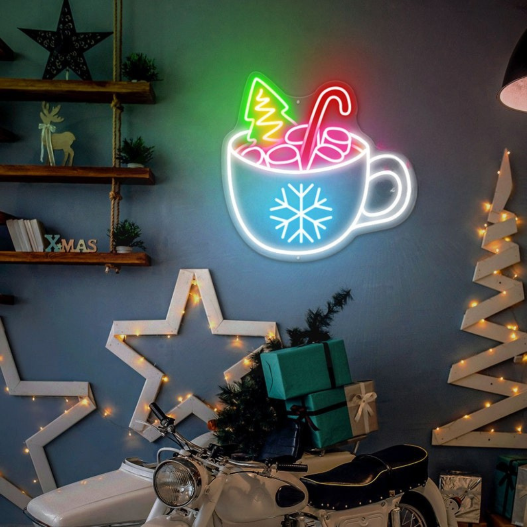 Christmas Coffee Mug Neon Sign by Neon.Outshine glowing in festive colors, adding warmth to seasonal décor.