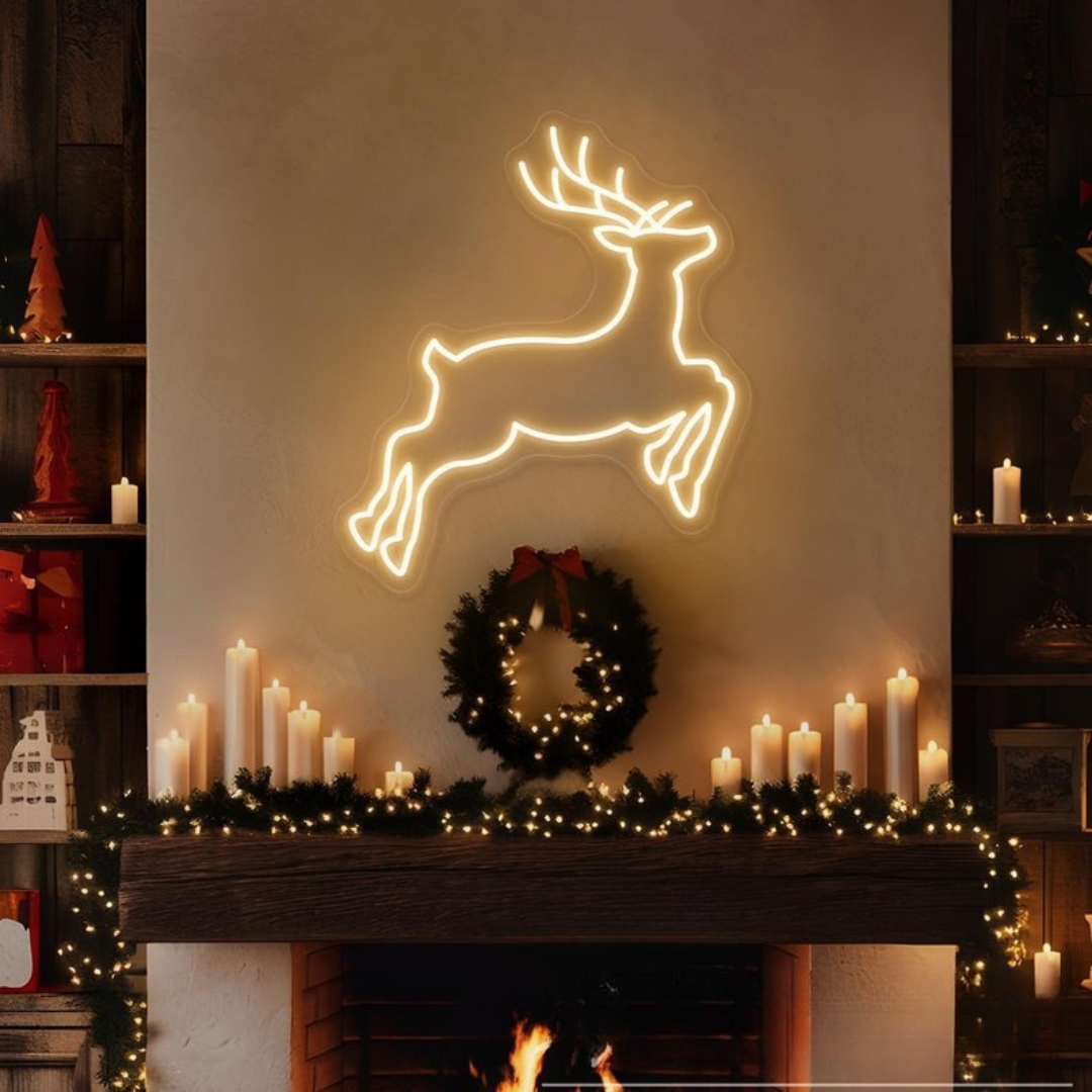 Christmas Deer Neon Sign by Neon.Outshine – glowing LED neon light featuring a graceful deer silhouette for festive holiday décor.