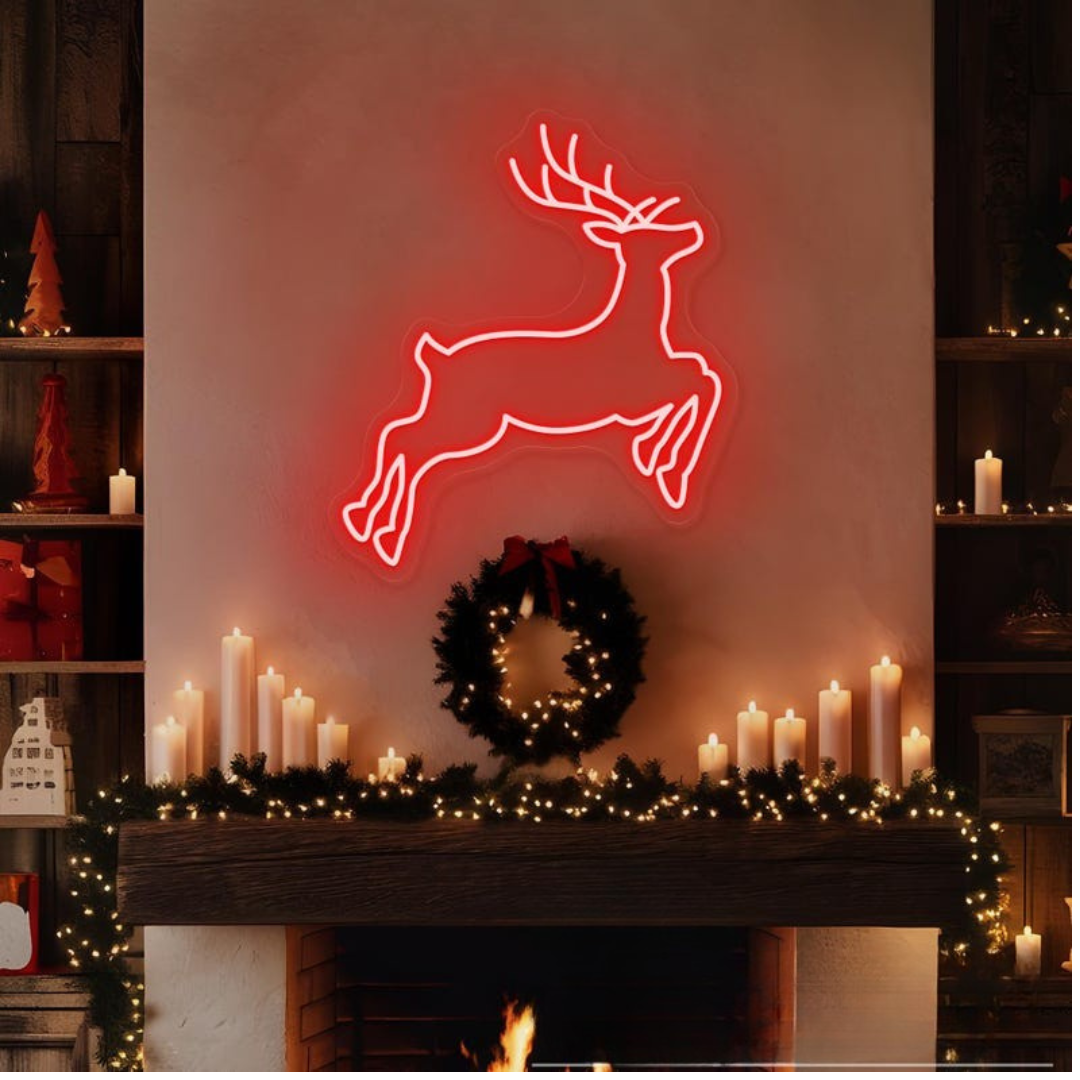 Christmas Deer Neon Sign by Neon.Outshine – glowing LED neon light featuring a graceful deer silhouette for festive holiday décor.