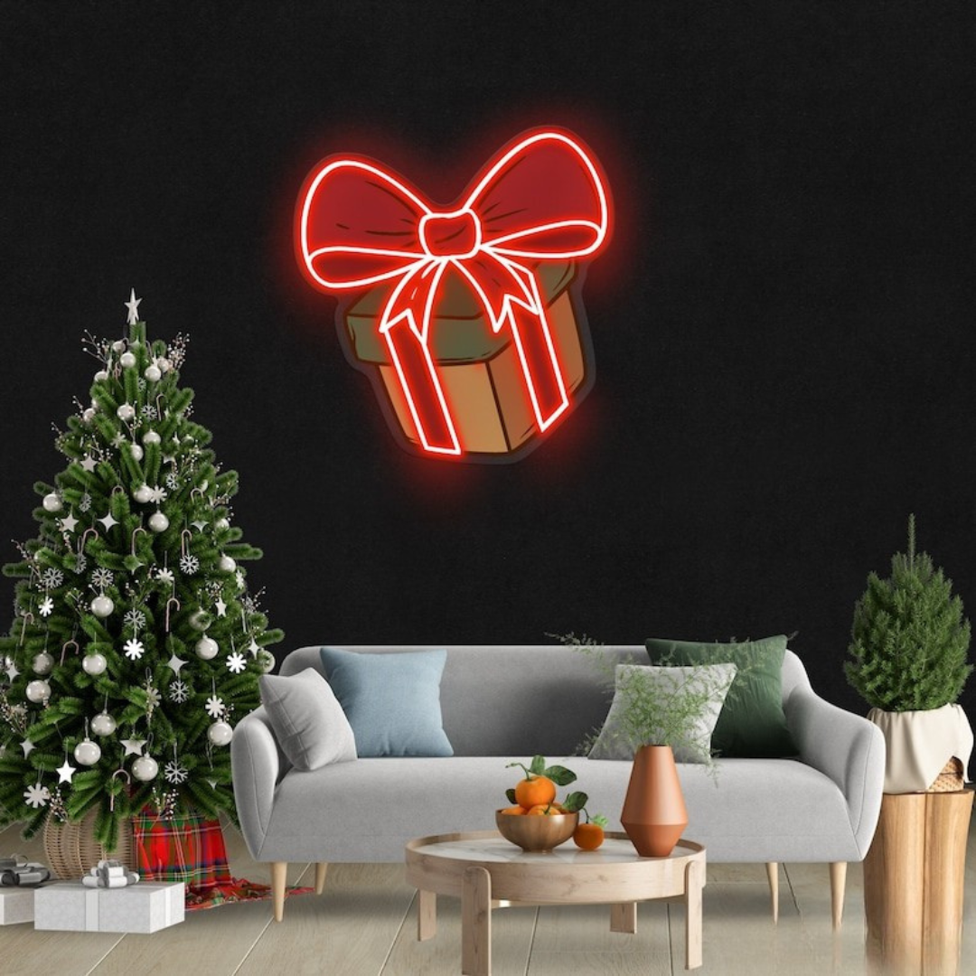 Christmas Gift Box Neon Sign by Neon.Outshine featuring a glowing present design with a festive bow