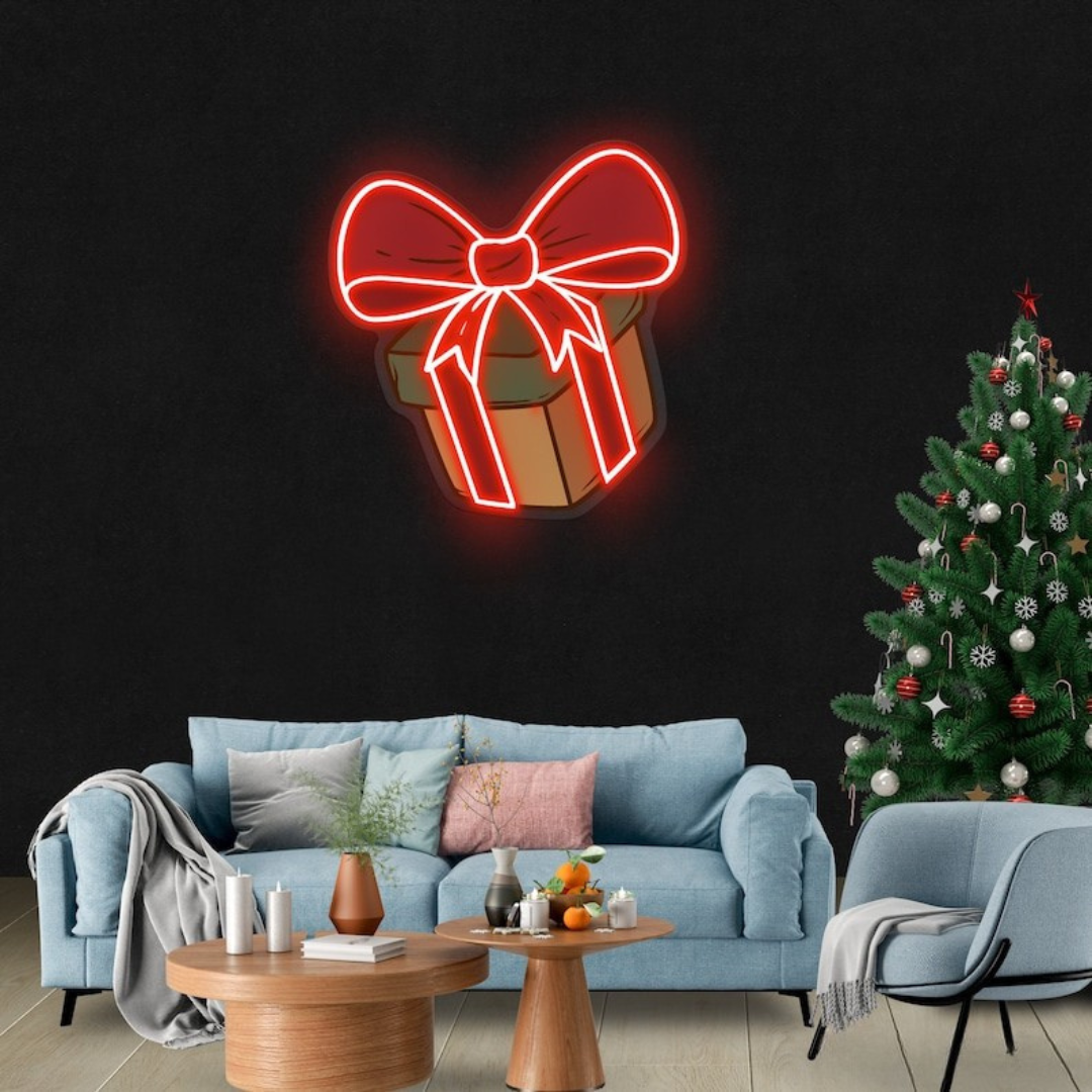 Christmas Gift Box Neon Sign by Neon.Outshine featuring a glowing present design with a festive bow