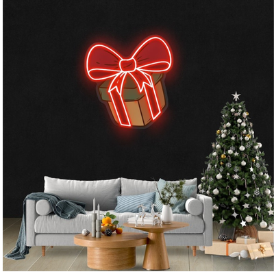 Christmas Gift Box Neon Sign by Neon.Outshine featuring a glowing present design with a festive bow