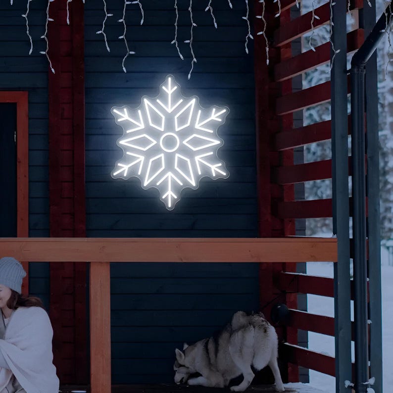 Christmas Snowflake LED Neon Sign by Neon.Outshine glowing in cool white light, perfect for winter and holiday decorations.”