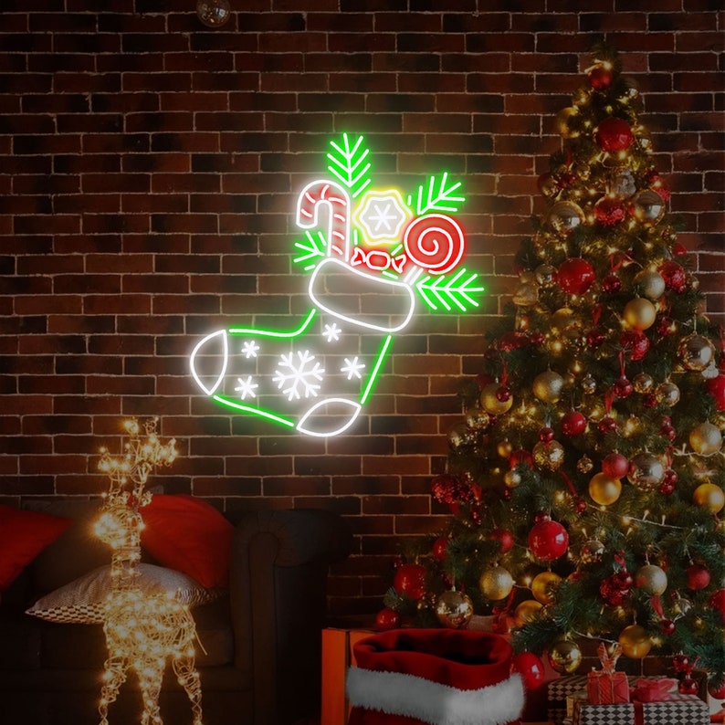Christmas Stocking Neon Sign by Neon.Outshine –  with glowing holiday accents for Christmas décor.