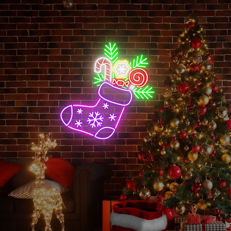 Christmas Stocking Neon Sign by Neon.Outshine –  with glowing holiday accents for Christmas décor.