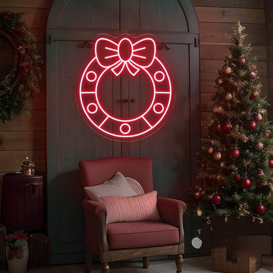 Christmas Wreath Neon Sign by Neon.Outshine glowing in festive colors for holiday décor.