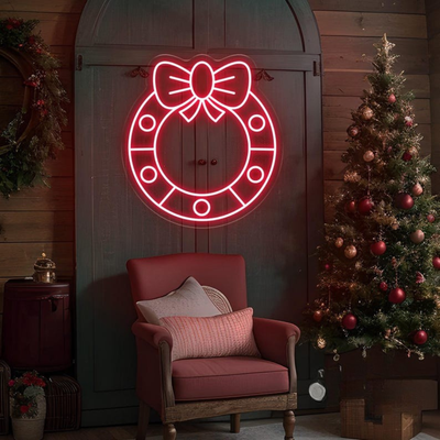 Christmas Wreath Neon Sign by Neon.Outshine glowing in festive colors for holiday décor.
