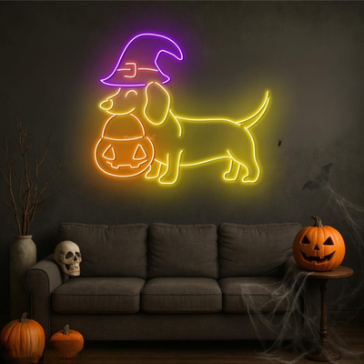 Dachshund Halloween Neon Sign by Neon.Outshine - perfect for dog lovers and festive décor.